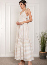 Load image into Gallery viewer, Taupe striped spaghetti strap v-neck back tie maxi dress.

