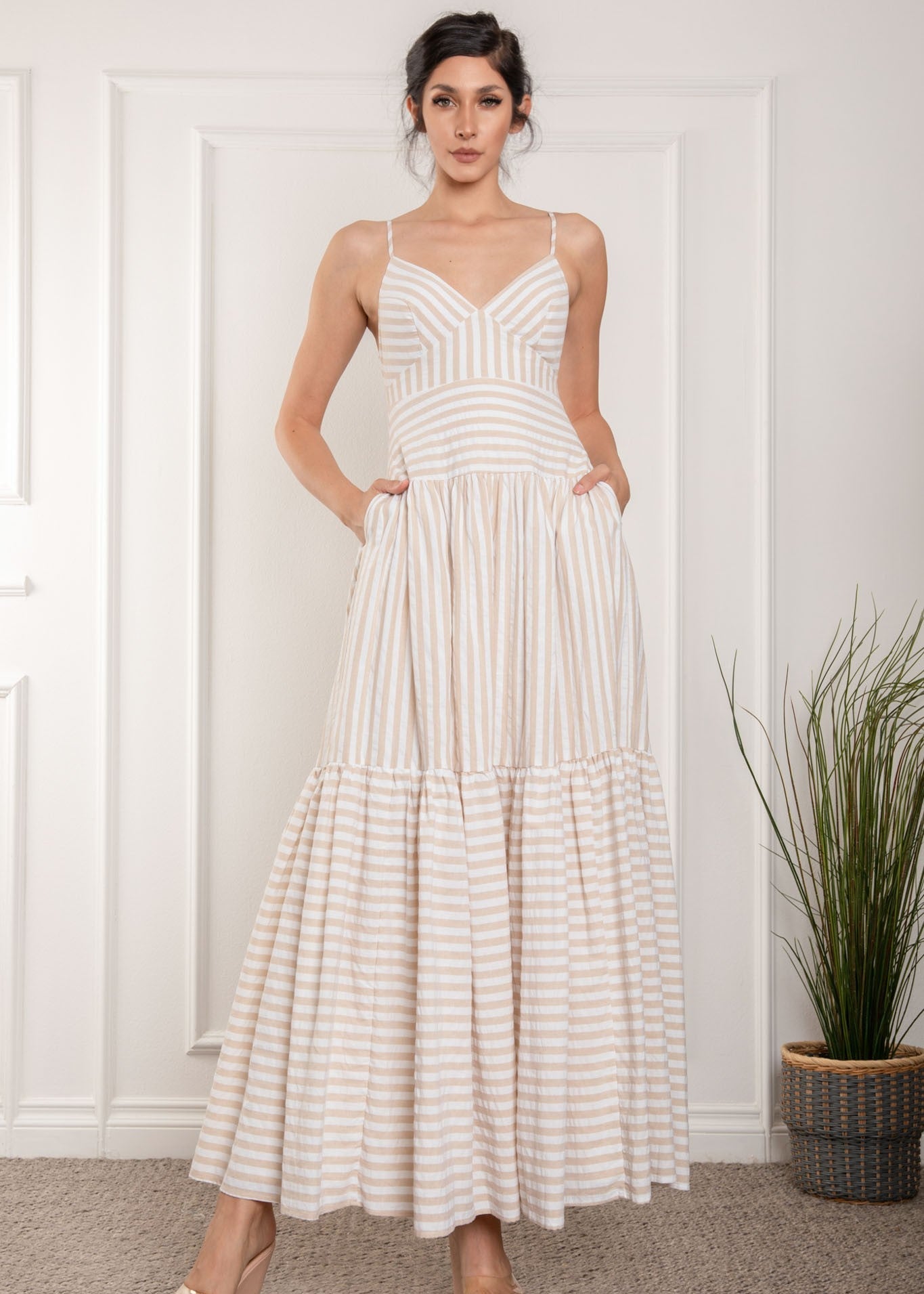 Taupe striped spaghetti strap v-neck back tie maxi dress.