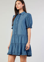 Load image into Gallery viewer, Chambray button down shirt dress with tiered skirt and scallop edge detail on placket &amp; elasticized cuffs.

