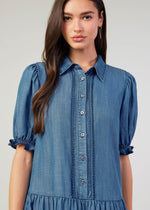 Load image into Gallery viewer, Chambray button down shirt dress with tiered skirt and scallop edge detail on placket &amp; elasticized cuffs.
