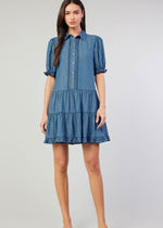 Load image into Gallery viewer, Chambray button down shirt dress with tiered skirt and scallop edge detail on placket &amp; elasticized cuffs.
