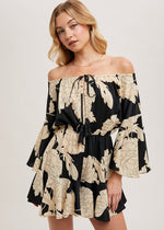 Load image into Gallery viewer, Black floral off the shoulder bell sleeved romper.
