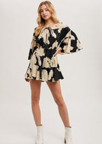 Load image into Gallery viewer, Black floral off the shoulder bell sleeved romper.

