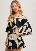 Load image into Gallery viewer, Black floral off the shoulder bell sleeved romper.
