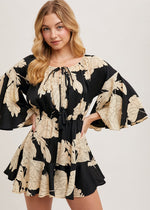 Load image into Gallery viewer, Black floral off the shoulder bell sleeved romper.
