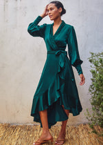 Load image into Gallery viewer, Teal satin midi dress in a wrapping bodice.
