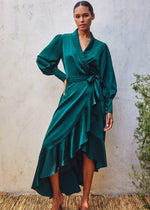 Load image into Gallery viewer, Teal satin midi dress in a wrapping bodice.
