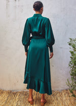 Load image into Gallery viewer, Teal satin midi dress in a wrapping bodice.
