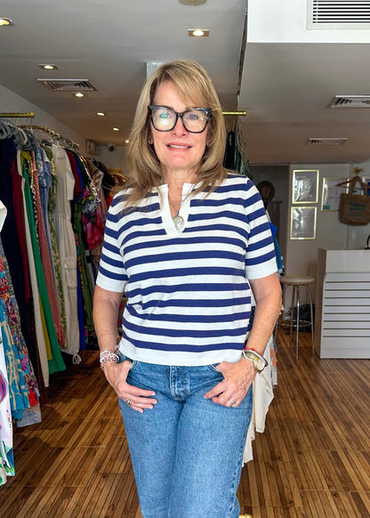 Monica White & Navy Striped Top
