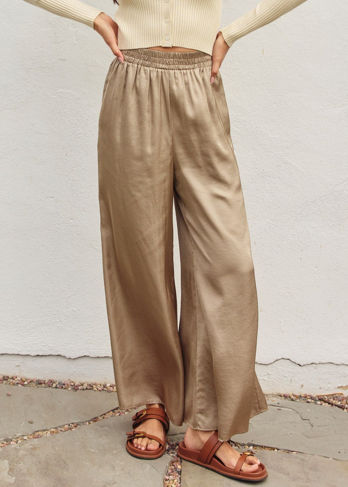 Buttery Wide Leg Pull On Pants. Satin wide leg pants.