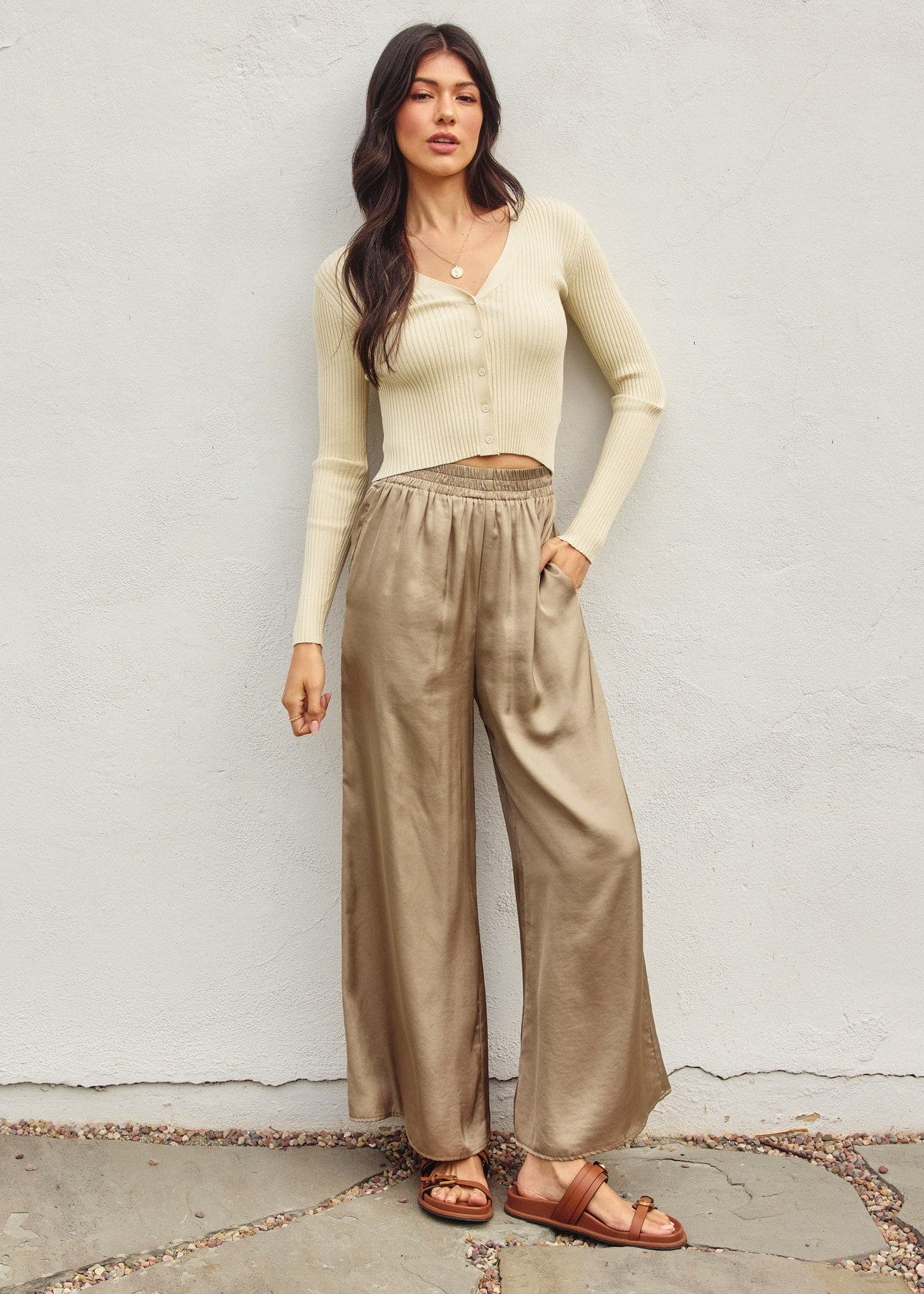 Buttery Wide Leg Pull On Pants. Satin wide leg pants.