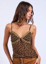 Load image into Gallery viewer, Leopard print sweetheart neckline lace trim cami top with adjustable straps.&nbsp;
