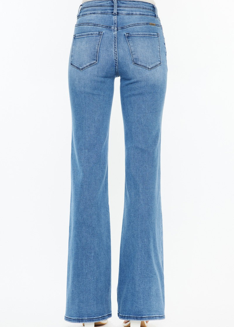 High rise wide medium wash flare jeans.