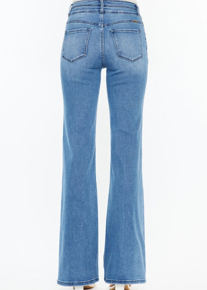 High rise wide medium wash flare jeans.
