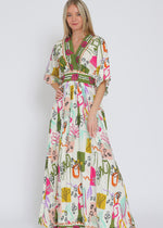 Load image into Gallery viewer, Ivory/olive/fuchsia print kimono sleeve elastic back waisted maxi dress
