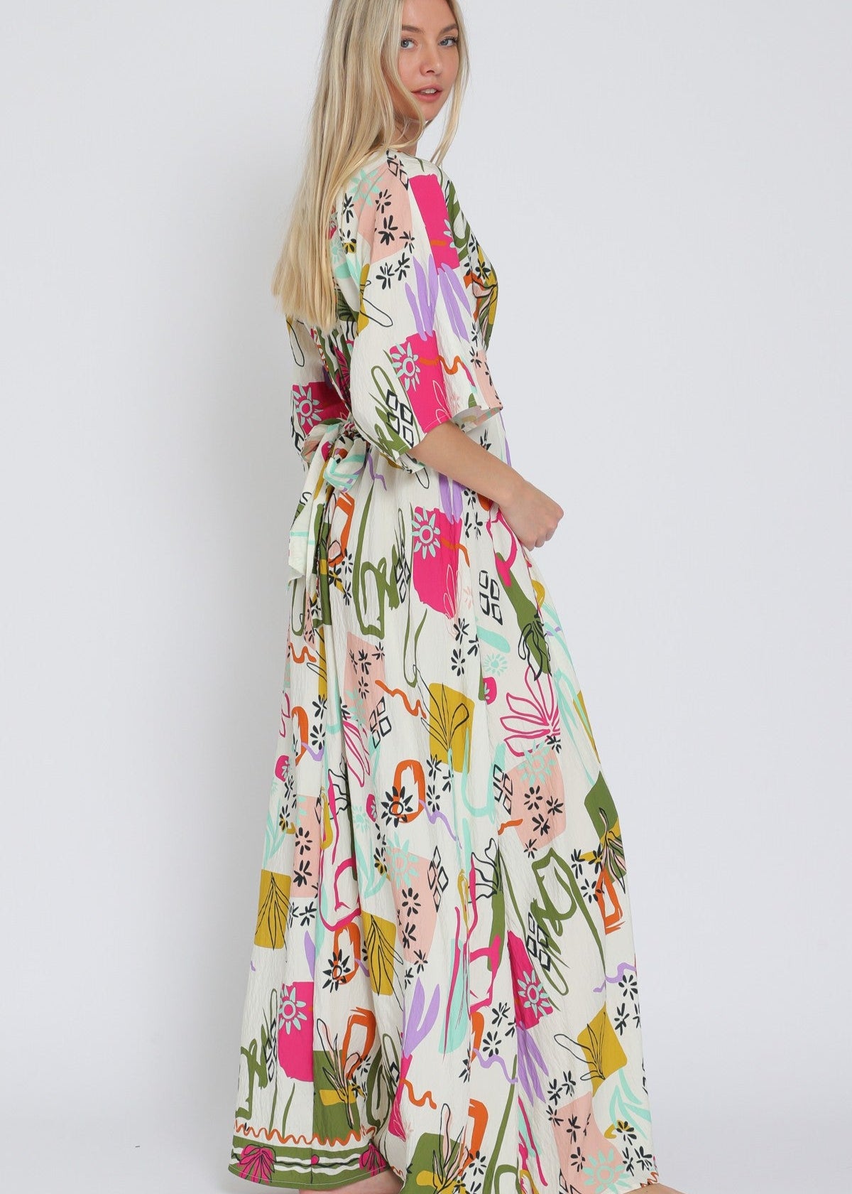 Ivory/olive/fuchsia print kimono sleeve elastic back waisted maxi dress