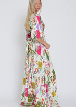 Load image into Gallery viewer, Ivory/olive/fuchsia print kimono sleeve elastic back waisted maxi dress
