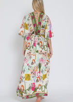 Load image into Gallery viewer, Ivory/olive/fuchsia print kimono sleeve elastic back waisted maxi dress
