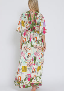 Ivory/olive/fuchsia print kimono sleeve elastic back waisted maxi dress