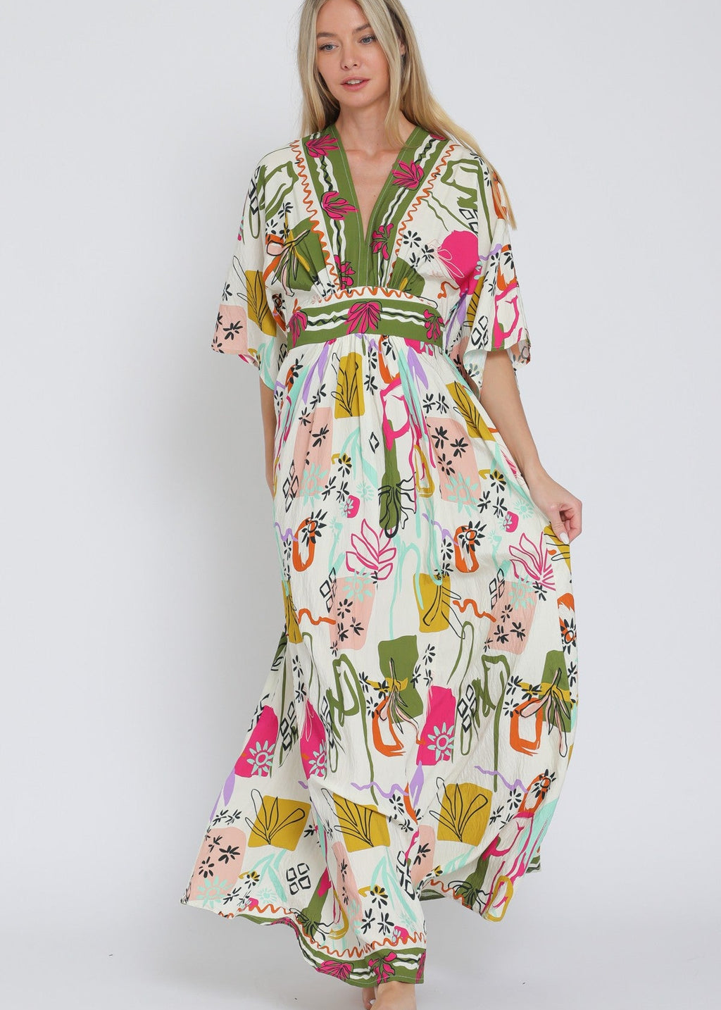 Ivory/olive/fuchsia print kimono sleeve elastic back waisted maxi dress