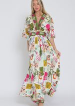 Load image into Gallery viewer, Ivory/olive/fuchsia print kimono sleeve elastic back waisted maxi dress
