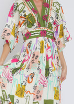 Load image into Gallery viewer, Ivory/olive/fuchsia print kimono sleeve elastic back waisted maxi dress
