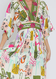 Ivory/olive/fuchsia print kimono sleeve elastic back waisted maxi dress