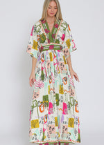 Load image into Gallery viewer, Ivory/olive/fuchsia print kimono sleeve elastic back waisted maxi dress
