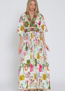 Ivory/olive/fuchsia print kimono sleeve elastic back waisted maxi dress