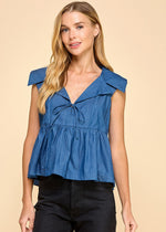 Load image into Gallery viewer, A denim sleeveless top featuring a collared neckline and a wide peplum hem, adding a touch of elegance and flair.
