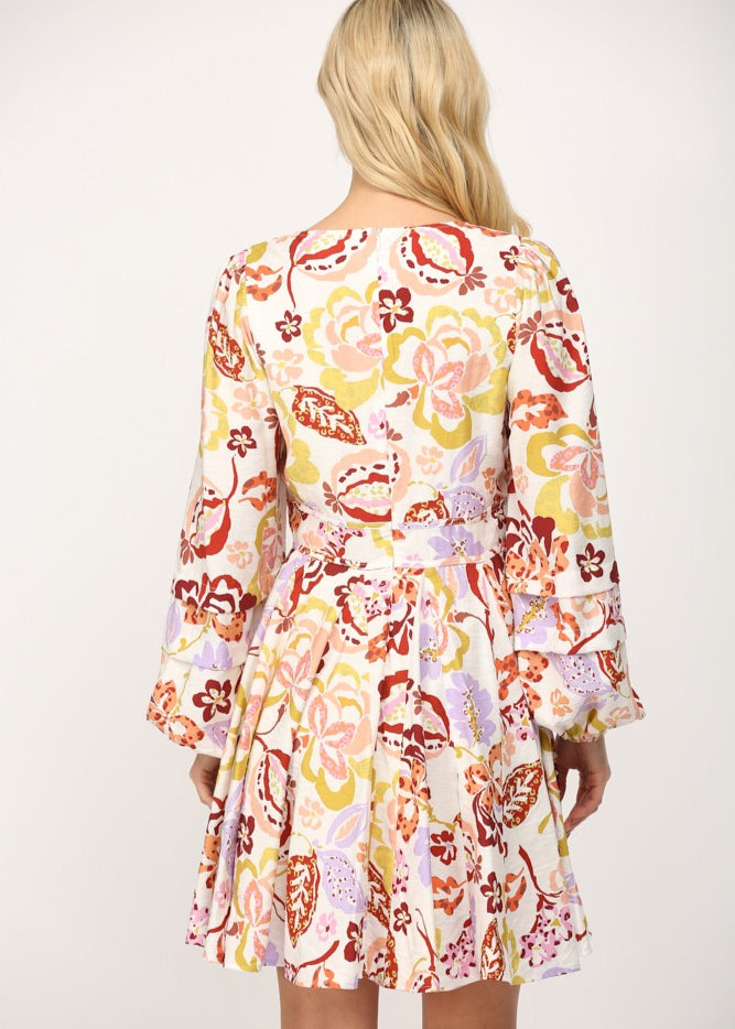 Cream multi print shirred waist v-neck fit and flare short dress.