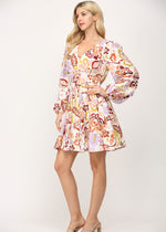 Load image into Gallery viewer, Cream multi print shirred waist v-neck fit and flare short dress.
