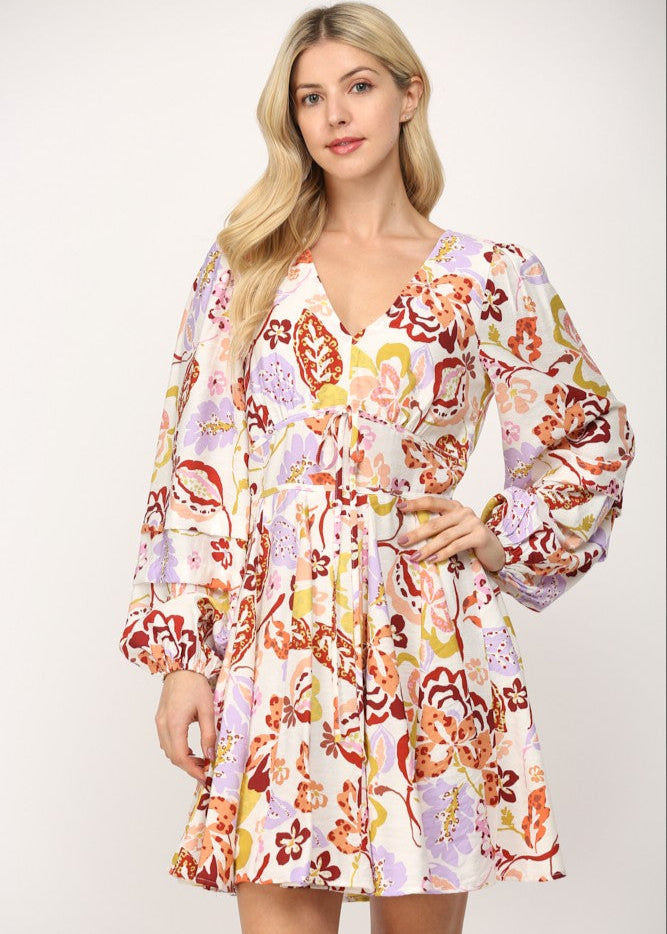 Cream multi print shirred waist v-neck fit and flare short dress.