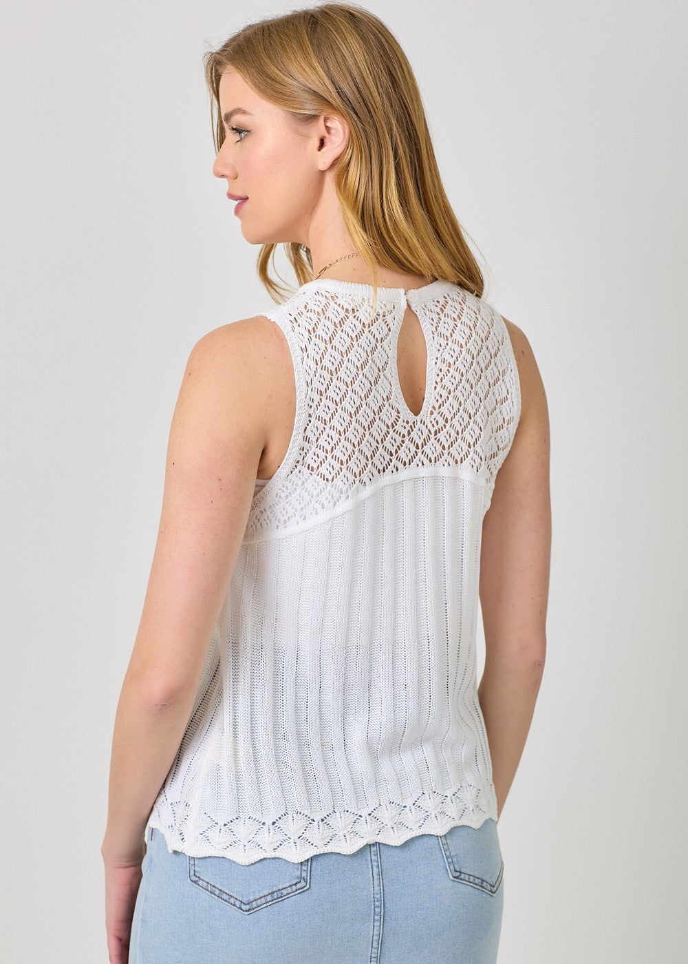 Off white crochet yoke sleeveless sweater top