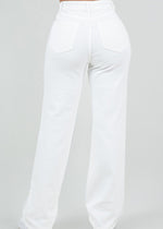Load image into Gallery viewer, White denim wide leg 5 pocket style zipper fly jeans.
