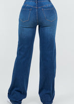 Load image into Gallery viewer, Dark blue denim dark wash 5 pocket style zipper fly high waisted jeans.&nbsp;
