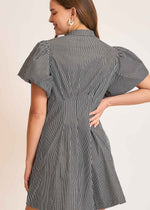 Load image into Gallery viewer, Navy and white stripped collared shirt dress. Bubble sleeves. Hem waist pleated. Has pockets.
