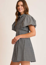 Load image into Gallery viewer, Navy and white stripped collared shirt dress. Bubble sleeves. Hem waist pleated. Has pockets.
