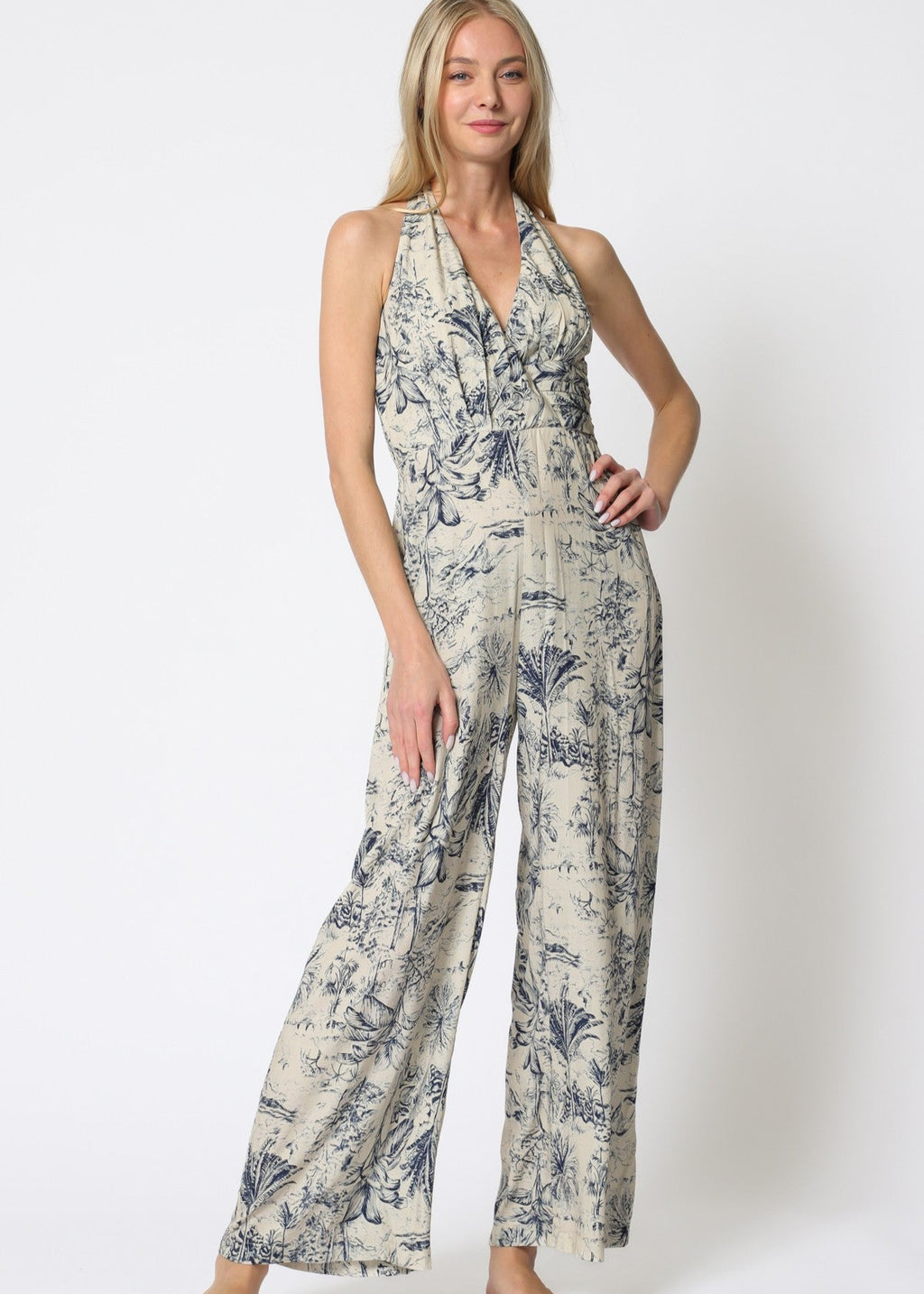 Light Beige &amp; Navy Halter Elastic Smocked Back Top Detailing Jumpsuit