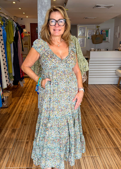Kim Blue & Pink Flower Print Tiered Maxi Dress