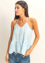 Load image into Gallery viewer, THE DAY IS YOURS TO TAKE IN THIS CHARMING PEPLUM TOP! IT HAS ALL THE DETAILS TO SWEETEN YOUR LOOK, INCLUDING A TIMELESS V-NECK AND DAINTY SHOULDER STRAPS THAT TIE AT THE BACK. VOLUMINOUS PEPLUM TRIM ENDS AT A SCALLOPED LACE HEM. KEYHOLE CUTOUT AT BACK
