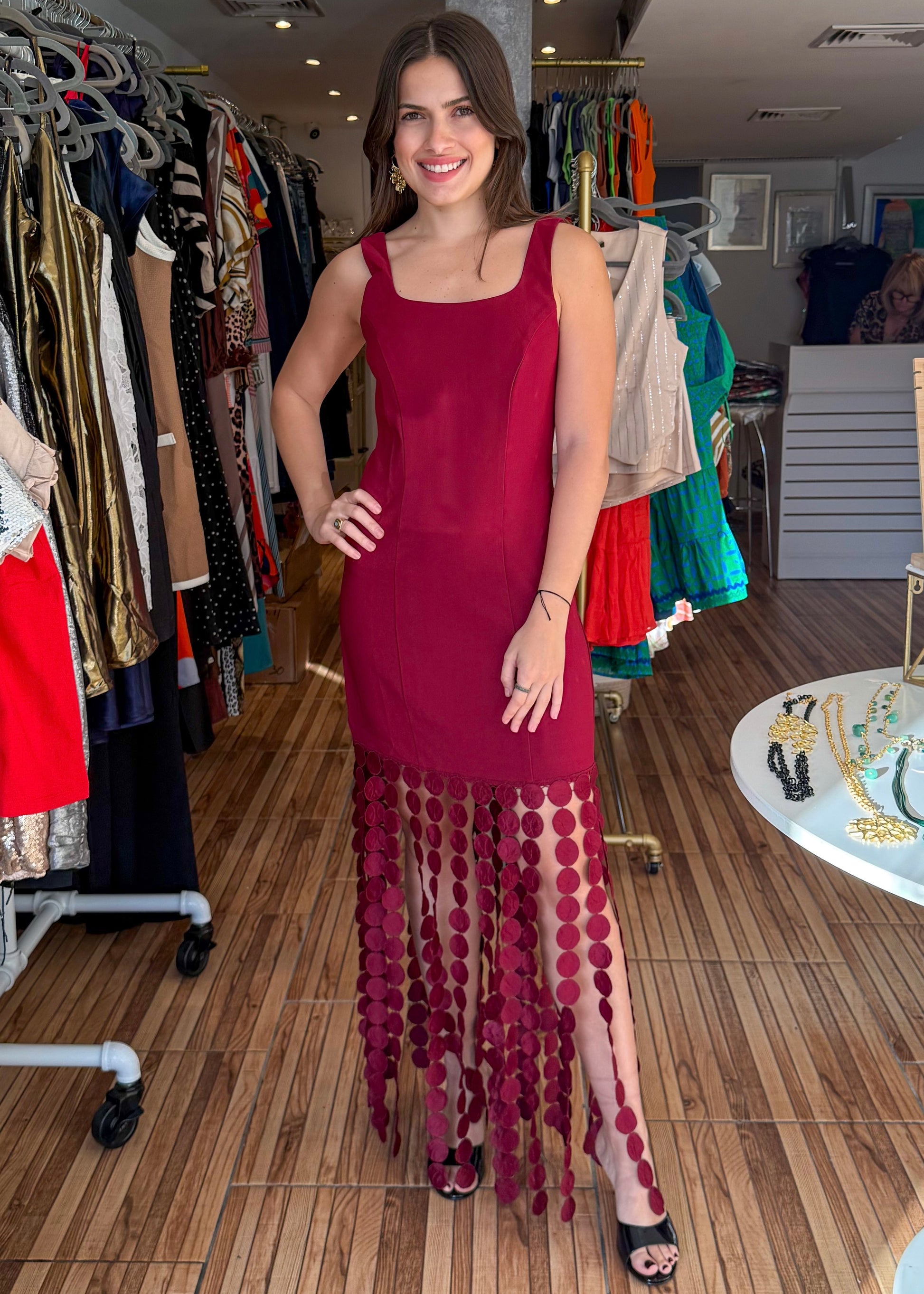 maxi dress with fringe bottom Lace V Neck Fringe Dress - Black