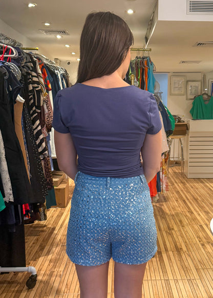 Serena Blue Denim Sequin Shorts