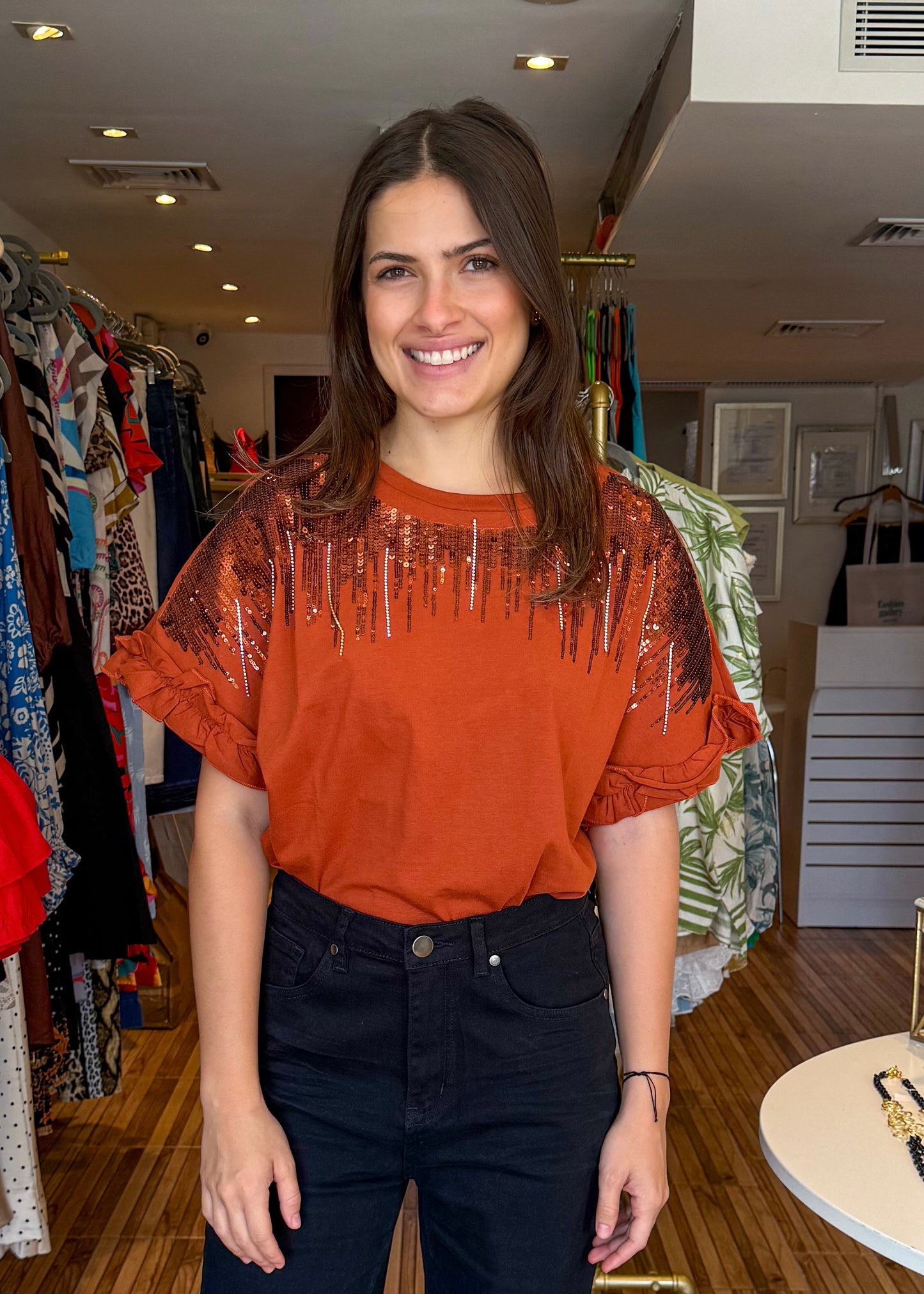 Rita Rust Sequin Top