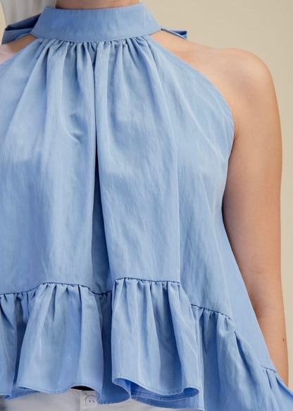 Kacey Light Blue Halter Ruffle Top