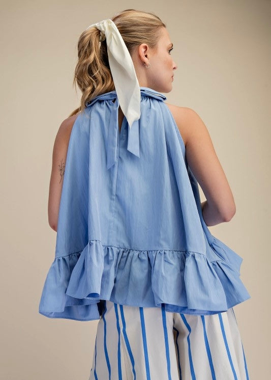 Kacey Light Blue Halter Ruffle Top