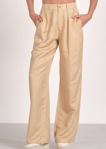 Khaki two piece set. One shoulder top with matching high-waisted pleated front pants.