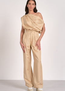 Khaki two piece set. One shoulder top with matching high-waisted pleated front pants.