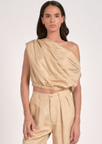 Load image into Gallery viewer, Khaki two piece set. One shoulder top with matching high-waisted pleated front pants.
