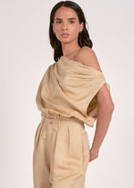 Load image into Gallery viewer, Khaki two piece set. One shoulder top with matching high-waisted pleated front pants.
